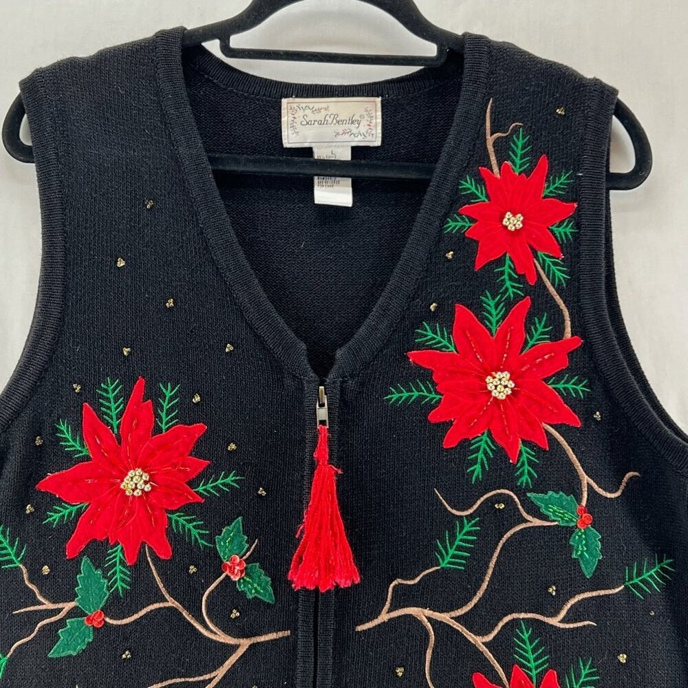 Sarah Bentley VTG Christmas Sweater Vest Sz L Poinsettia Beaded Tassel Black Red - Picture 3 of 10